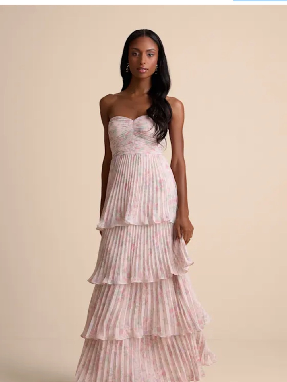 Lulu's Strapless Pink Floral Tiered Maxi Gown